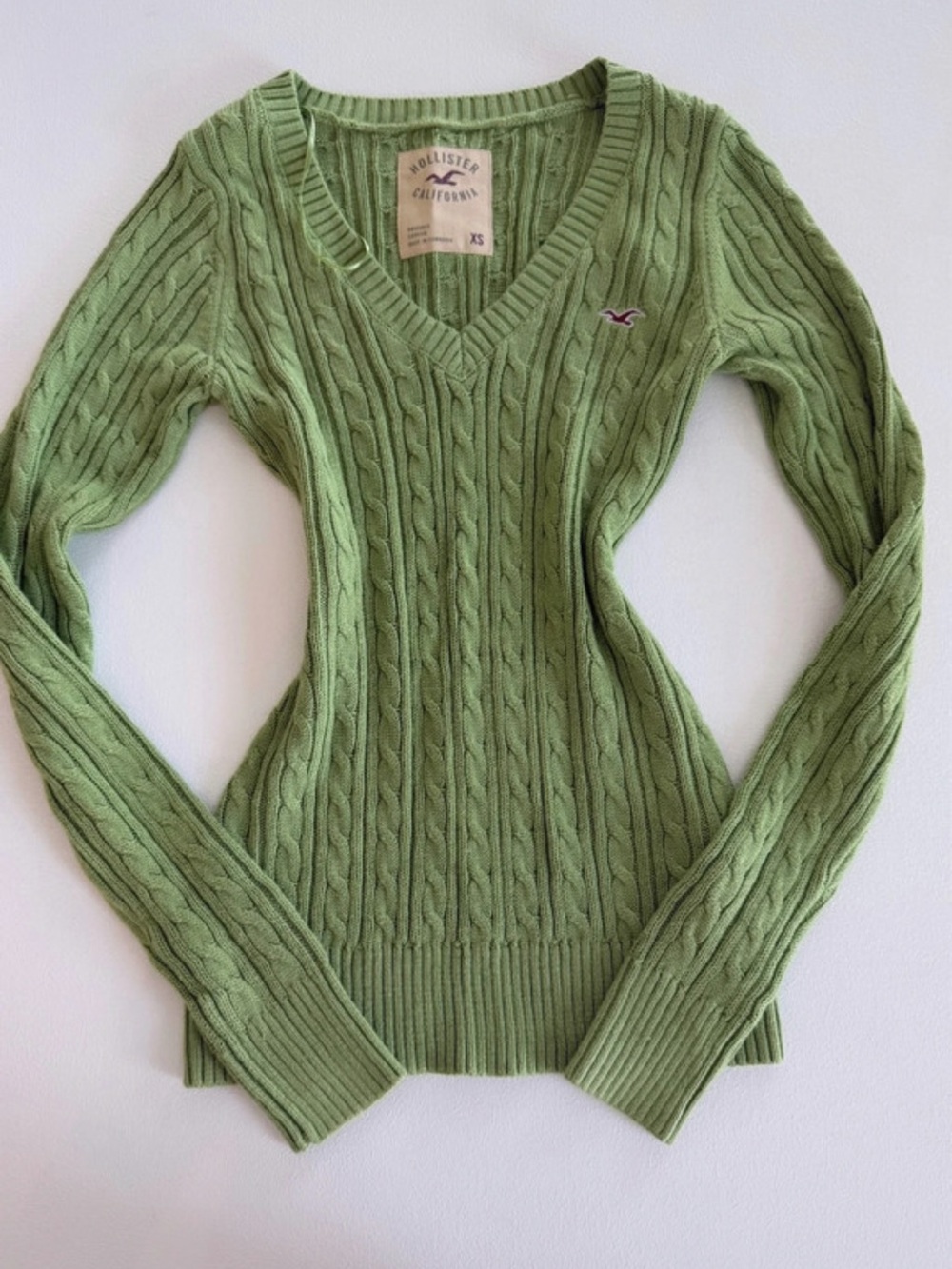 Hollister Green Cable Knit V-Neck Sweater XS